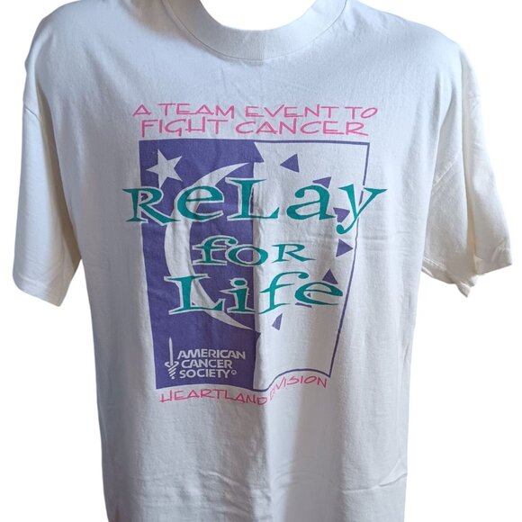 Vintage XL T-Shirt Relay For Life 1990's Cancer Fight Delta Pro Weight White - Picture 1 of 5